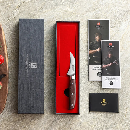 XINZUO Household Kitchen Knife Customized 3” Paring Knife 3 Layers Clad Steel High Quality Red Wood Handle Fruit Peeling Knife