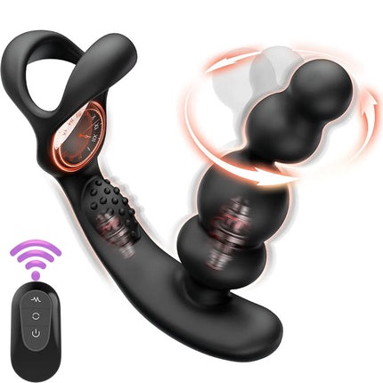 360° Rotating Anal Beads Prostate Massager with Cock Ring Remote Control Vibrating Butt Plug - Adult Toy for Men