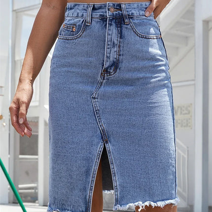 Women's Front Slit Blue Denim Skirt Pockets High Waist Slim Zipper Fly Midi Skirts 2023 Spring Female Casual Streetwear