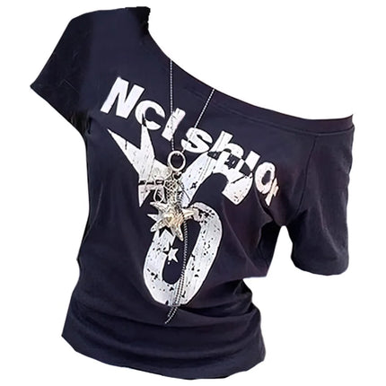 Fashion Y2k Off Shoulder Top Skew Collar Body Basic Short Sleeve Letter Print T Shirt Vintage Style