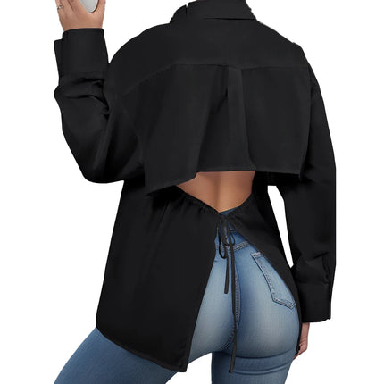 Plus Size Women's Crop Top Shirt Elegant Women's Tie-Front Long-Sleeved Shirt Solid Colour Suitable for Autumn