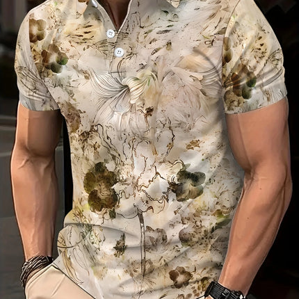 Men's Summer Short Sleeved Printed Button Polo Men's Casual Retro, Short Sleeved Top Polo Shirt Half Button Placket and Collar
