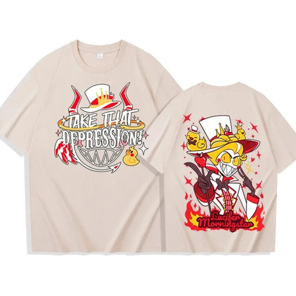 Hazbin Hotel Lucifer Morningstar "Take That Depression!" Theme T-Shirt Double-Sided Design + Dark-Cute Character Graphic