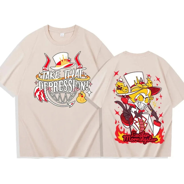 Hazbin Hotel Lucifer Morningstar "Take That Depression!" Theme T-Shirt Double-Sided Design + Dark-Cute Character Graphic