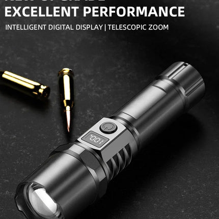 10000LM High Power LED Flashlight Long-range USB C Rechargeable Flashlight Power Display Zoom Lantern For Outdoor Camping Torch