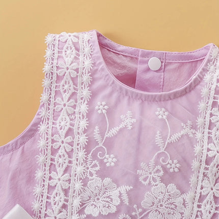 Summer Princess Style Baby Girl Romper Lace Trim No-Sleeve Embroidery Double Butterfly Knot Decor Crawling Clothes