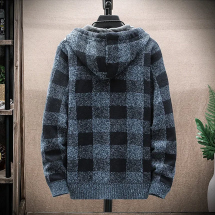 2023 Autumn/winter Fleece-lined Trendy Color Block Versatile Hooded Men's Cardigan Youth Outerwear Knitted Top For Men