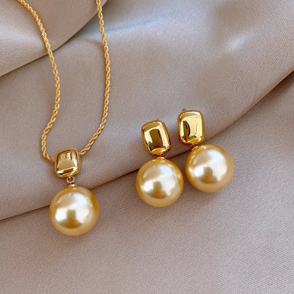 DREJEW Yellow Pendant Pearl Necklace Earring Set for Women Light Luxury High-end French Retro Wedding Jewelry Sets Party Gift