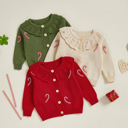 Toddler Girl Christmas Knit Sweater Cardigan Long Sleeve Ruffled Round Neck Button Down Candy Cane Embroidery Sweater