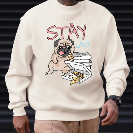 2025 Men's Sweatshirt "STAY LAZY" Pug & Pizza Graphic Chill Streetwear Trendy Soft Relaxed Funny Comfortable Daily Pullover