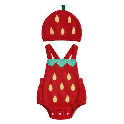 Pudcoco Infant Newborn Baby Summer Outfit, Sleeveless Fruit Overalls Romper with Hat 2-piece Outfit for Boys Girls 0-18M