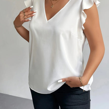 Plus Size Women's White Satin Blouse V-Neck Ruffle Sleeve Loose Casual Office Top (0XL-4XL)