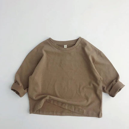 1-7Y Kids Cotton Shirt Solid Caramel Coffee Color Children's 2025 Autumn New Boys Girls Cotton Stylish Long Sleeved T-shirt