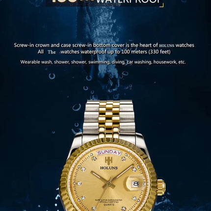 Holuns Luxury Classic 36/41mm Gold Men's Watches Japan MIYOTA Quartz Movt Stainless Steel Classic Business Wristwatch Waterproof