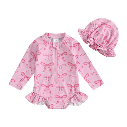 MISOWMNJOY Princess Baby Girl Swimwear Long Sleeve Rash Guard Beach Swimsuit Bow/Cherry Print Toddler Bathing Suit with Sun Hat
