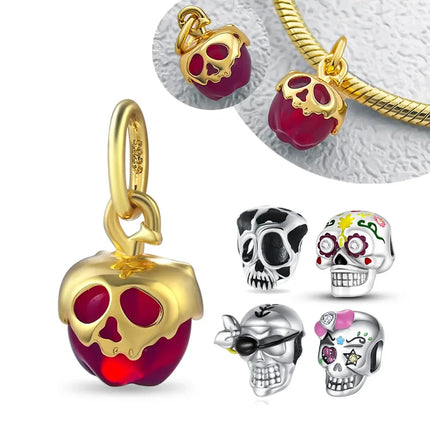 925 Sterling Silver Gold Red Apple Bone Halloween Series Beaded Charm for Women Diy Original Brand Bracelet Jewelry Making Gift