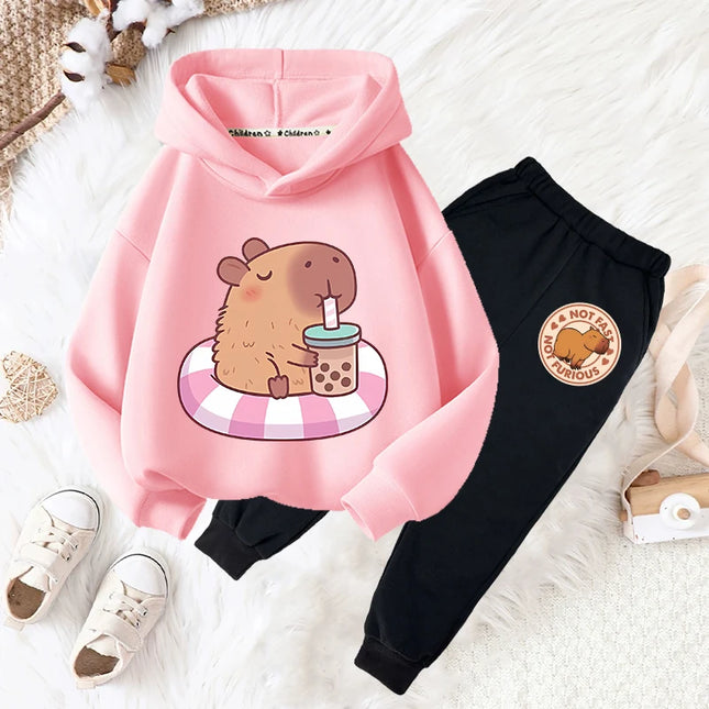 Capybara drink bubble tea fun print girls fashion set kids fall and winter casual comfortable warm hoodie + pants two-piece set
