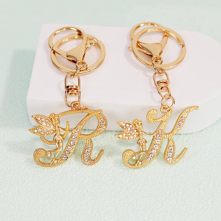 A-Z Rhinestone Elf Girl Letter Keychain Gold Color Initial Name Keyrings Girls Car Key Holder Handbag Purse Charms Decoration