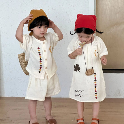 RAISE 2026 Summer Siblings Attires Children Pure Cotton Pajamas Set Kids Boys Tees+shorts Homewear Suit Kids Girls Print Dress