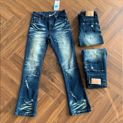 Luxury Jeans for Man Original 2026 Wind Heavy Water Wash Dark Blue Washed Cat Beard Jeans Slightly Slim Fit Old Long Pants Men