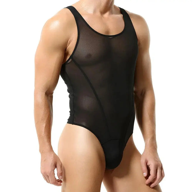Men's Sexy Bodysuit Ultrathin Mesh Transparent Underwear U Convex Pouch Tights High Elastic Bikinis Lingerie Night Club Wear