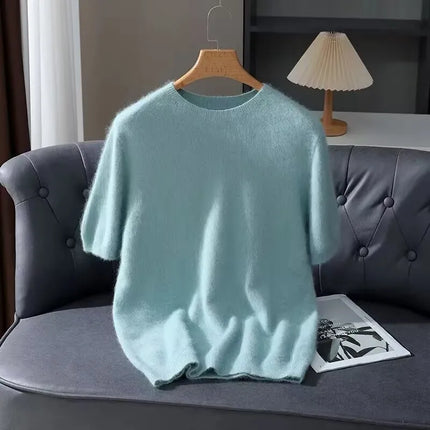 Men's Sweater Pullover Short Sleeved Summer Mink Knit Sweater Loose Round Neck Solid Color Half Sleeved Simple T-Shirt Casualtop