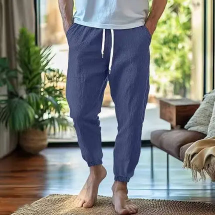 Mens Casual Pants Daily Wear Solid Summer Full Length Soft Linen Pants Mid Waist Pocket Drawstring Trousers Streetwear Bottoms ﻿