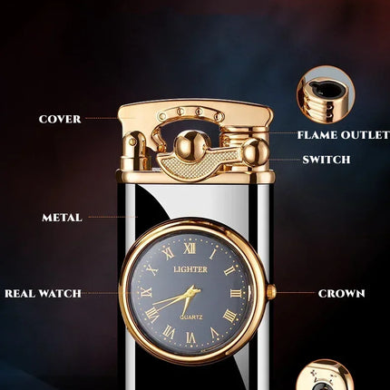 New Quartz Watch Windproof Lighter Metal Blue Light Rocker Arm Butane Jet Flame Torch Lighter Smoking Men's Gift Ignition Tools