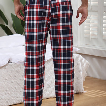 3Pcs Men's 100% Cotton Plaid Pajama Sleeping Pants, Long Plaid Print Sleepwear Pajama Pants with Elastic Waist Homewear