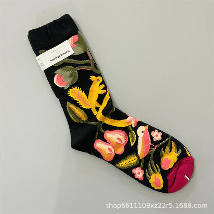 Bonne Maison French Small Batch Women's Fun Oil Painting Style Mid-Calf Cotton Dopaamine Colorful Socks Moisture Wicking Sweat