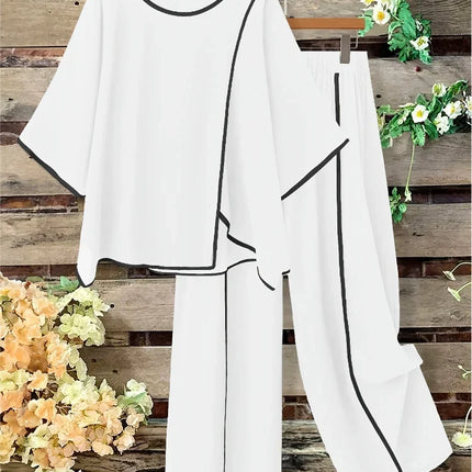 Plus Size Women Casual Fashion Set Loose Comfortable Open Split Half Sleeve Top Wide Pants Long Pant Two Piece Outfit Pajama Set