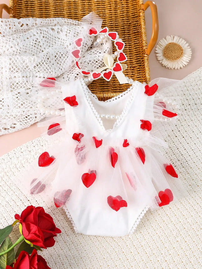 Ylsteed Newborn Girl Photography Outfits Red Heart Embroidery Romper Dress with Headband Infant Photography Props
