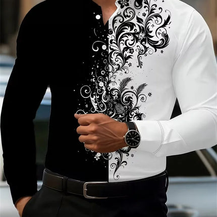 2026 Men's Fashion Red Rose Print Long-Sleeve Shirt, Stylish Casual Design, Spring/Autumn Casual Shirt, Sizes XS-6XL