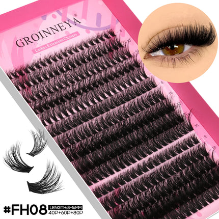GROINNEYA Lash Clusters DIY Fluffy Lashes Mixed Tray Individual Lashes Natural Volume Cluster Eyelashes Extension Makeup