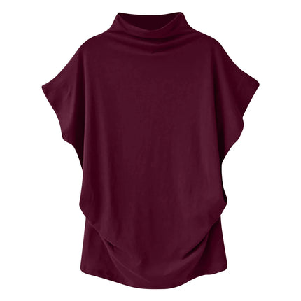 Women's New Trendy Fashion Solid Color Soft Turtleneck Top High-End Basic Daily Commute Thin Short-Sleeve Pleated Clothing