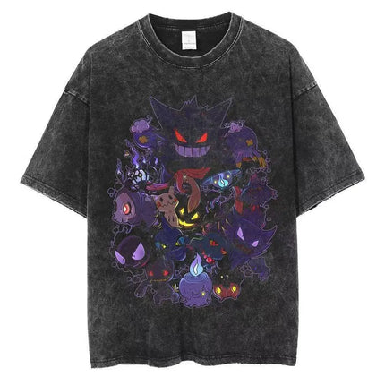 2026 Anime Washed Vintage Summer Pokemon Gengar Short Sleeve Tee Graphic T-Shirt Man Women Cosplay Casual Tops Y2k Streetwear