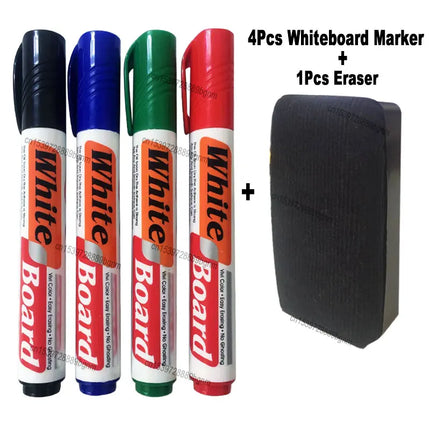 4Pcs Color Erasable Whiteboard Marker Pen With White Board Eraser Wiper Set Office School Writing Painting Stationery Blue Black