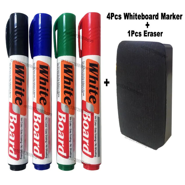 4Pcs Color Erasable Whiteboard Marker Pen With White Board Eraser Wiper Set Office School Writing Painting Stationery Blue Black