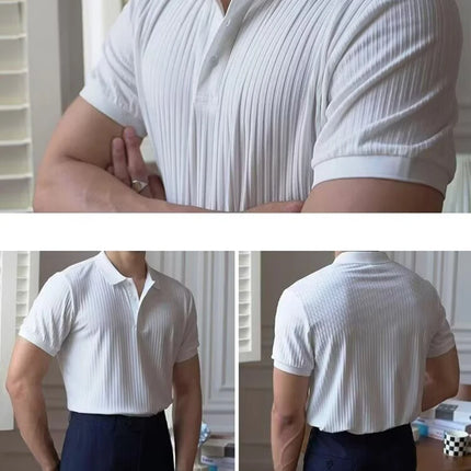 Vertical Stripe Knit Polo Men's Shirts Summer New Slim Solid Color Breathable Turn-Down Collar Business Short Sleeve Polo Tops