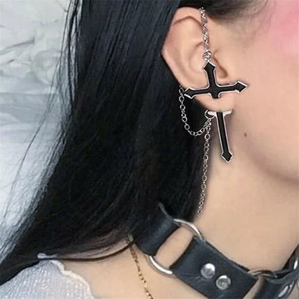 Vintage Black Big Cross Paired Tassel Earrings For Women Party Jewelry Punk Trendy Gothic Metal Ring Earring Gifts