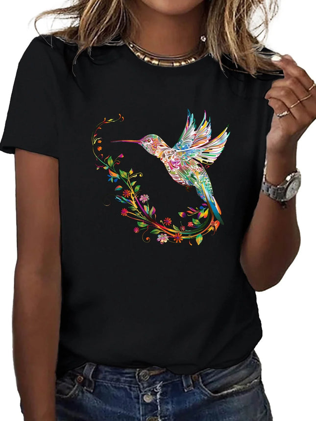 Hummingbird print short-sleeved T-shirt spring and summer casual crew neck top women's clothing women clothing