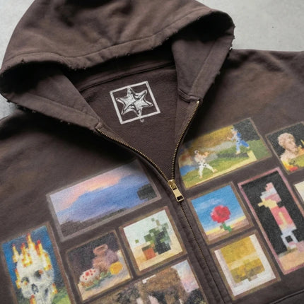 Y2K Retro Gallery Hoodie Brown Pixel Painting Art Pattern Zip Up Sweatshirt Trendy Classic Streetwear Unisex Oversize Clothing