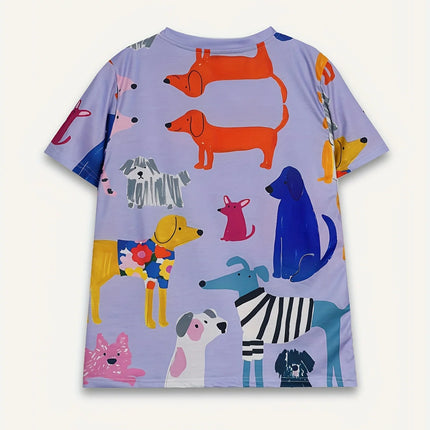 Women's Tee - Colorful Cartoon Dog Pattern Graphic, Playful Pet Print Design for Casual Daily Wear