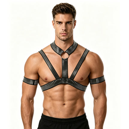 Sexy Men Harness with Armbands Set Erotic Bondage Lingerie Elastic Halter Body Belt Shiny O Ring Fetish Costumes
