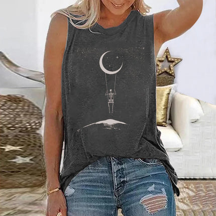 Seeyoushy New Funny Skeleton Travel Around Space Print Women T-shirts Round Neck Loose Summer Tee Shirt Sleeveless 90s Tops