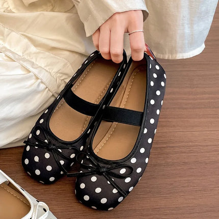 Spring Butterfly-knot Women Dot Ballet Flats Comfort Shallow Elastic Band Shoes Ladies Eelgant Soft Sole Dress Mary Jane Shoes