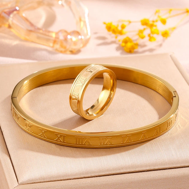 ZAKOL Trendy Roman Numeral Stainless Steel Bracelet Ring Set for Women And Men Minimalist Versatile Personalized Jewelry