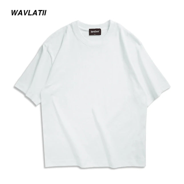 WAVLATII New Men Oversized T-shirts Female 260 GSM Casual White Streetwear Tees Black Solid Basic Summer Tops for Young WMT2401