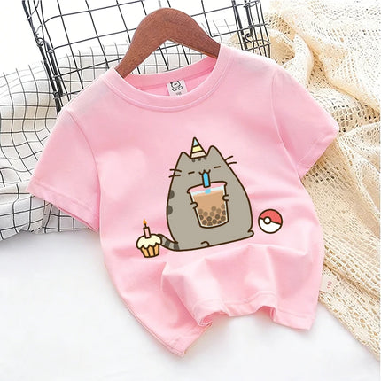 Cute Pusheens Children's Cotton T-shirt Short Sleeve Clothes Anime Popular Cartoon Kids Girl Tees Streetwear Toddler Casual Tops