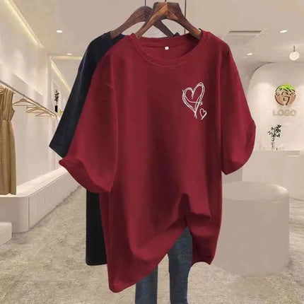 Summer 2025 New Elegant Love Print T-shirts Women Clothing Casual Loose Cotton Pullover Office Lady Basic Short Sleeve Top Tees